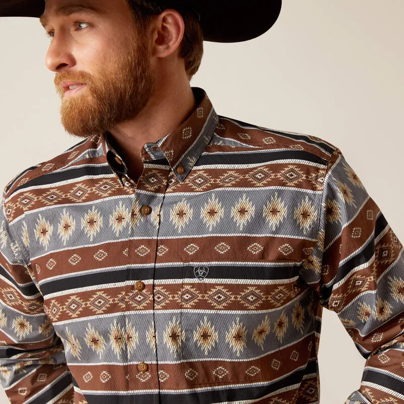 ARIAT MEN'S NELLY SOUTHWESTERN STRIPED LONG SLEEVE BUTTON-DOWN WESTERN SHIRT