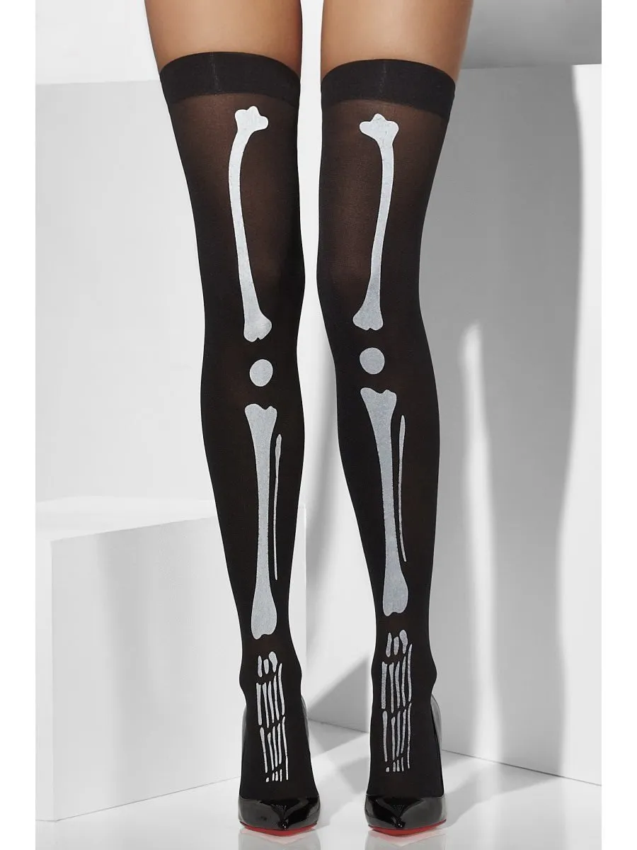 Black Opaque Hold-Ups with Skeleton Print
