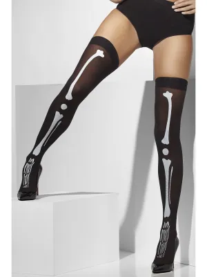 Black Opaque Hold-Ups with Skeleton Print
