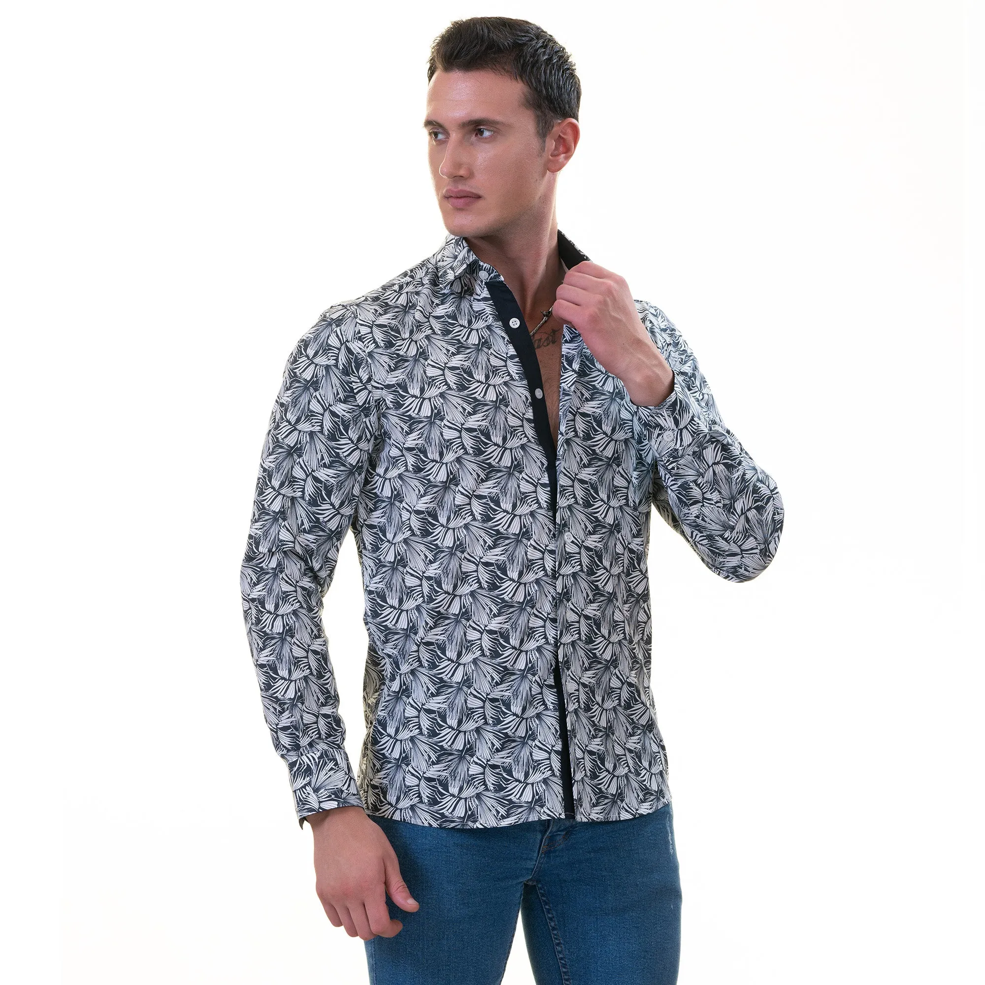 Black White Leaves Men's Slim Fit Designer French Cuff Shirt - Tailored Cotton Shirts for Work and Casual Wear