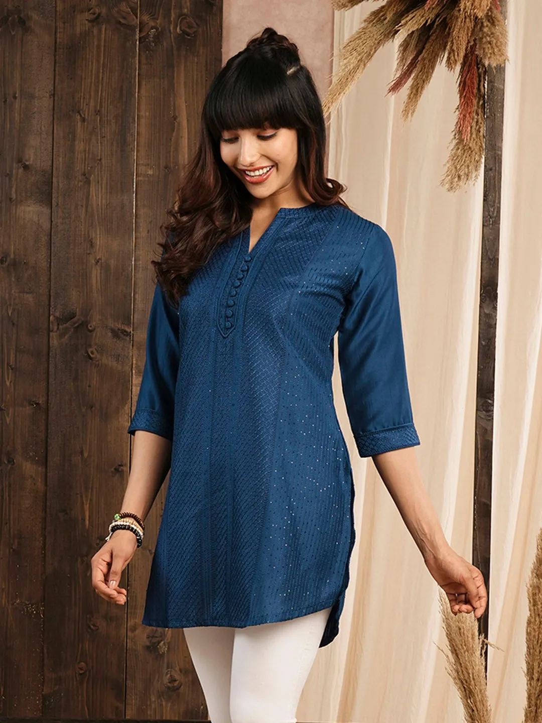 Blue Straight Chanderi Silk Ethnic Wear Tunics for Ladies - Zola