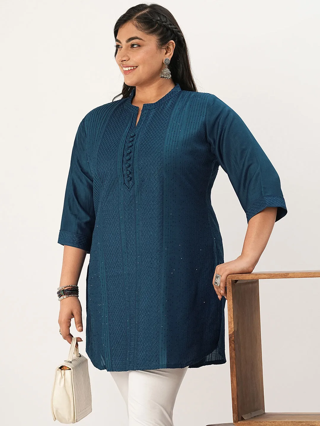 Blue Straight Chanderi Silk Ethnic Wear Tunics for Ladies - Zola