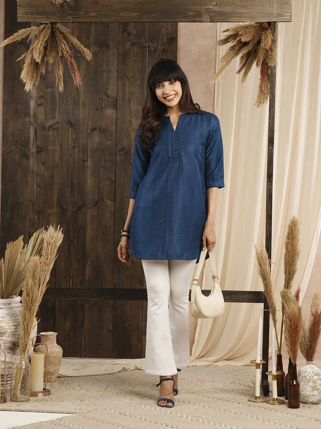 Blue Straight Chanderi Silk Ethnic Wear Tunics for Ladies - Zola