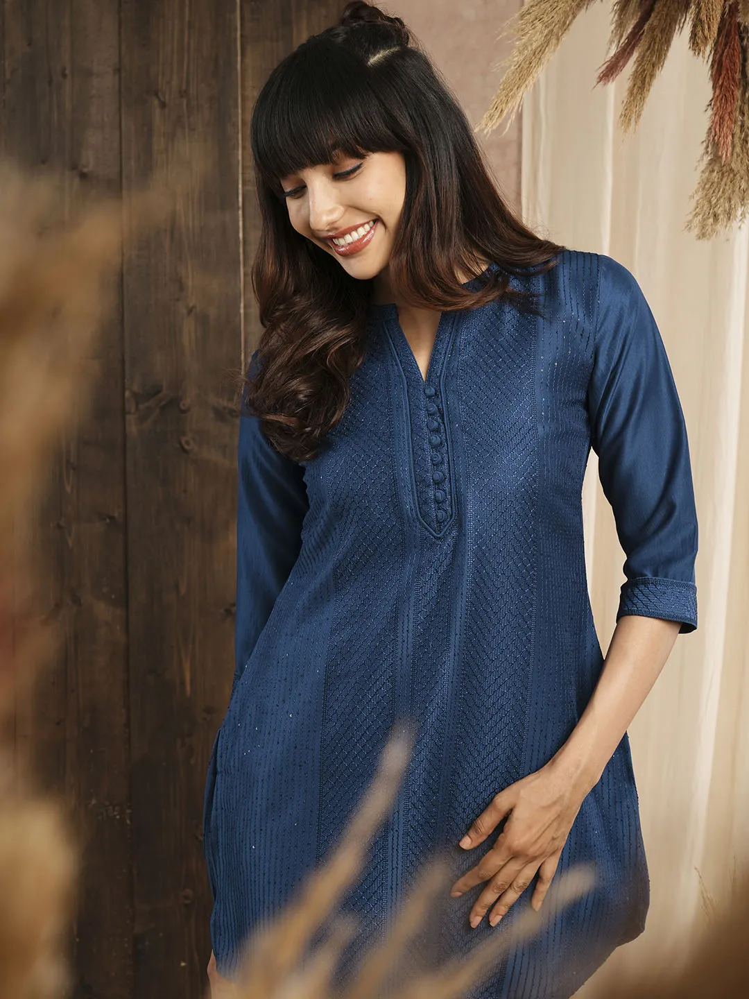 Blue Straight Chanderi Silk Ethnic Wear Tunics for Ladies - Zola
