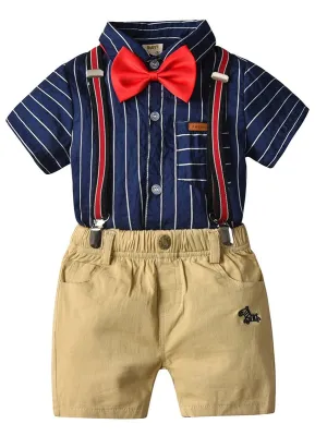 Boys Collar Stripe Matching Bow with Shorts