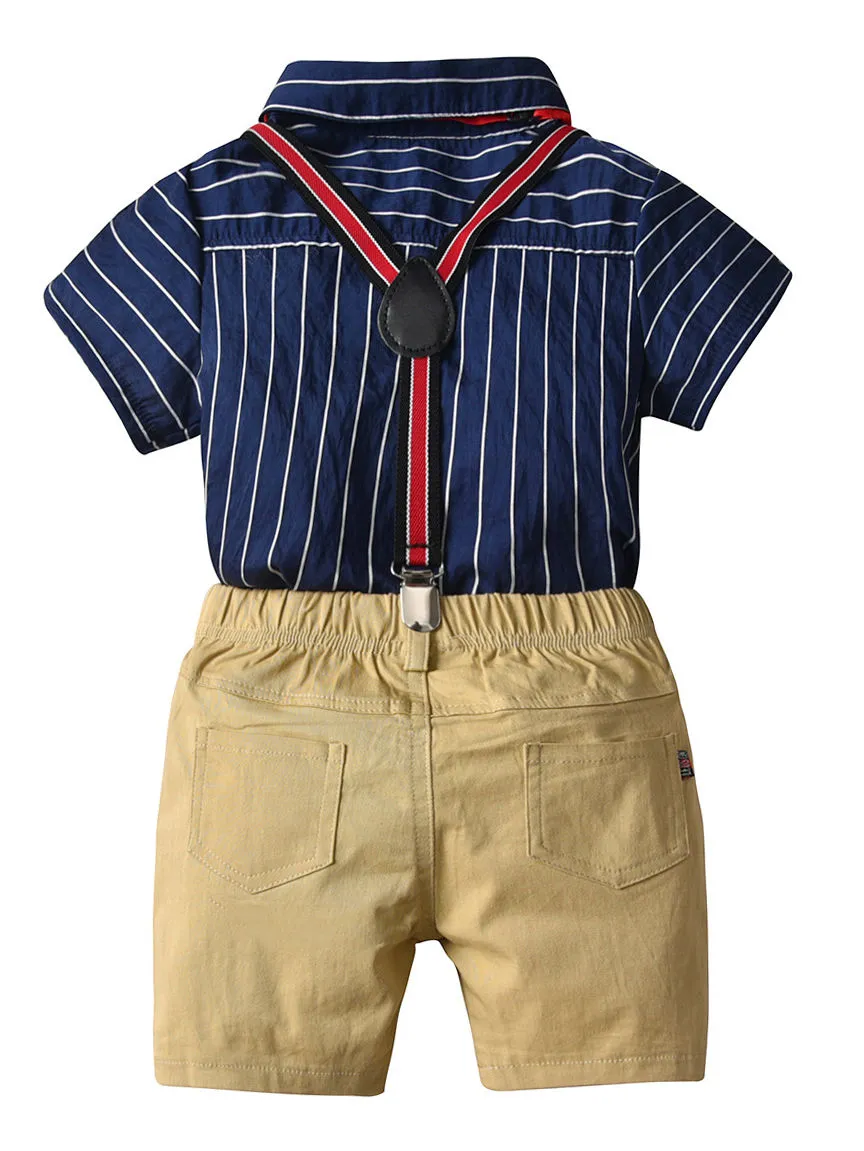 Boys Collar Stripe Matching Bow with Shorts