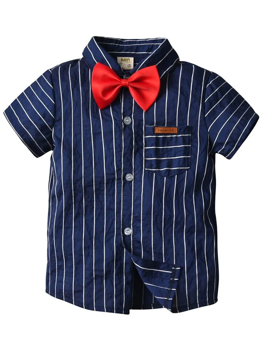 Boys Collar Stripe Matching Bow with Shorts