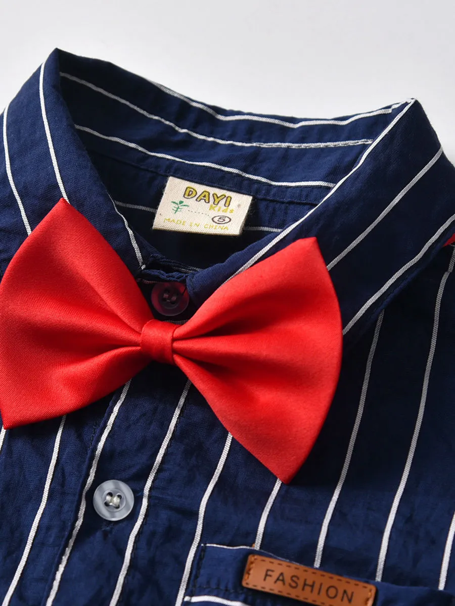 Boys Collar Stripe Matching Bow with Shorts