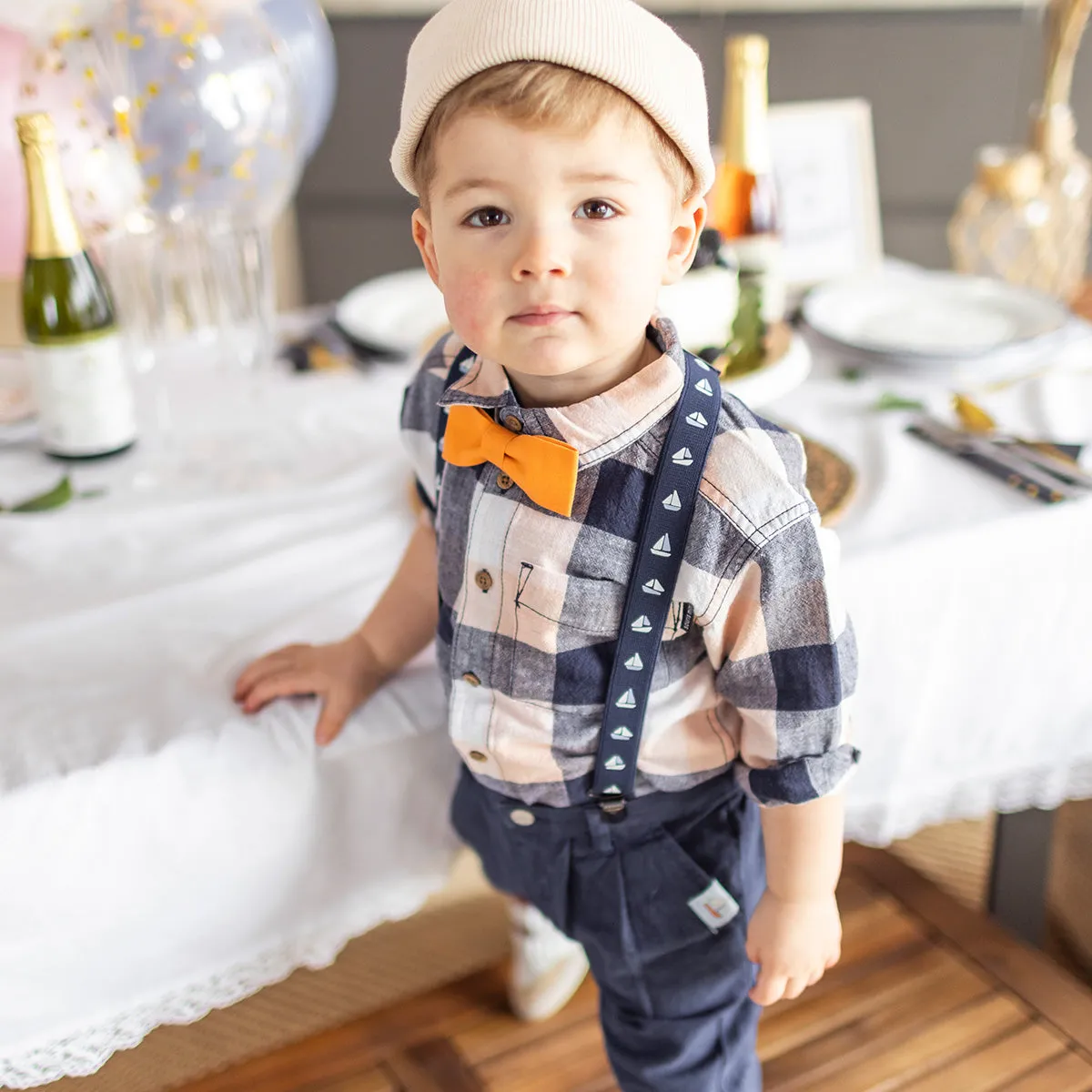 Chemise à manches longues orange et marine à carreaux en lin et coton, bébé || Orange and navy plaid long sleeves shirt in linen and cotton, baby