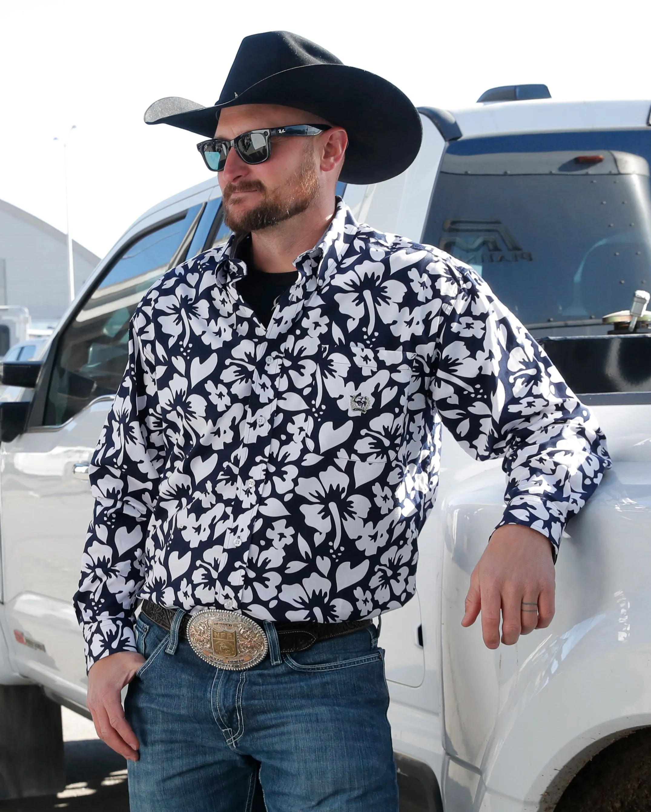 Cinch Boys Navy/White Hibiscus Print Button-Down Shirt
