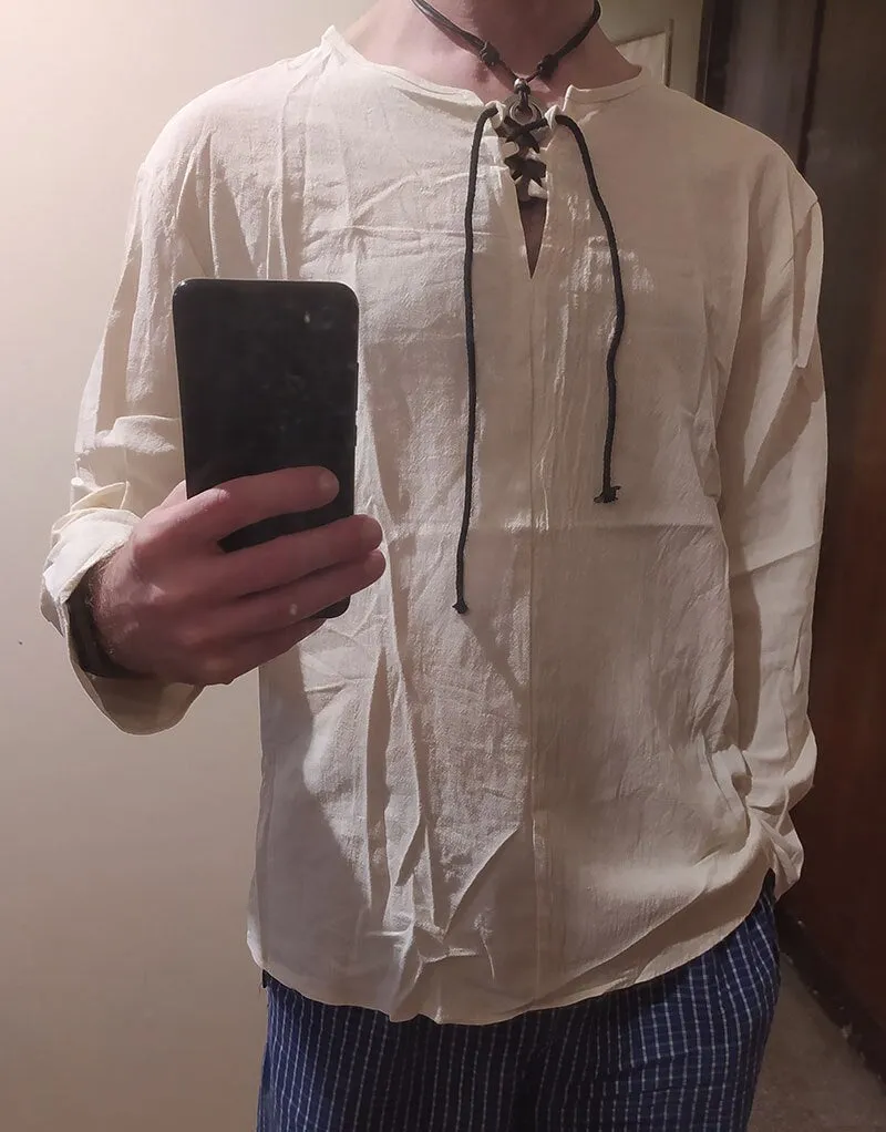 Cotton Linen Drawstring T Shirt Men&#39;s V Neck Blouse Solid Color Long Sleeves Casual Cool Tops Vikings Costume For Men M-3XL