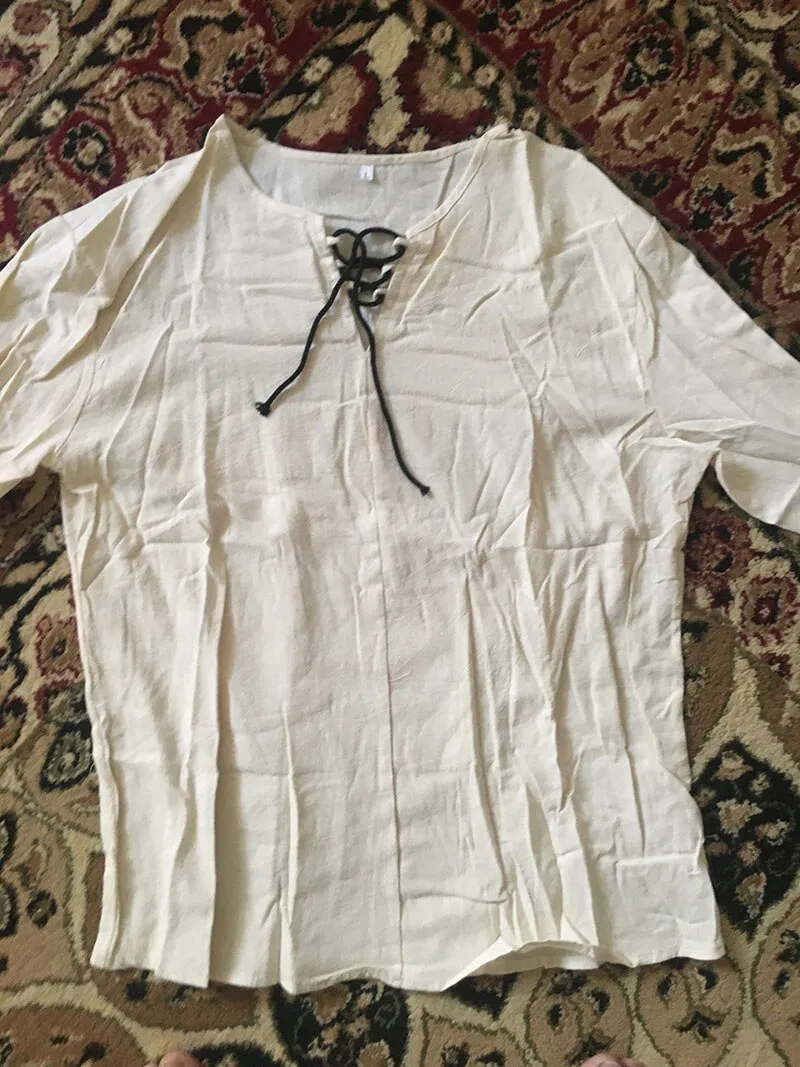 Cotton Linen Drawstring T Shirt Men&#39;s V Neck Blouse Solid Color Long Sleeves Casual Cool Tops Vikings Costume For Men M-3XL