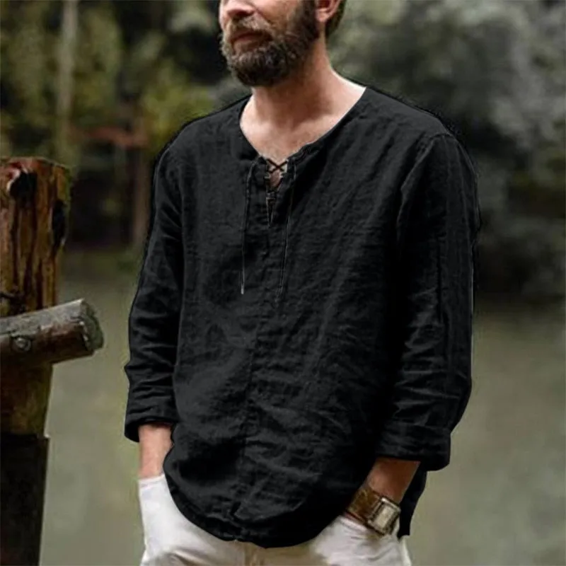 Cotton Linen Drawstring T Shirt Men&#39;s V Neck Blouse Solid Color Long Sleeves Casual Cool Tops Vikings Costume For Men M-3XL