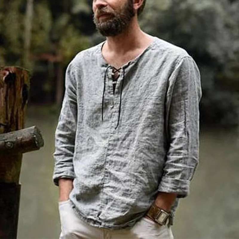 Cotton Linen Drawstring T Shirt Men&#39;s V Neck Blouse Solid Color Long Sleeves Casual Cool Tops Vikings Costume For Men M-3XL