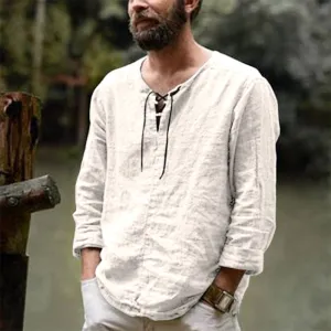 Cotton Linen Drawstring T Shirt Men&#39;s V Neck Blouse Solid Color Long Sleeves Casual Cool Tops Vikings Costume For Men M-3XL