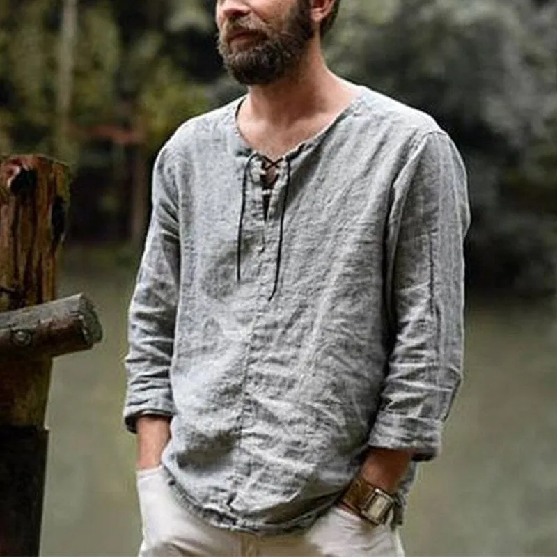 Cotton Linen Drawstring T Shirt Men&#39;s V Neck Blouse Solid Color Long Sleeves Casual Cool Tops Vikings Costume For Men M-3XL