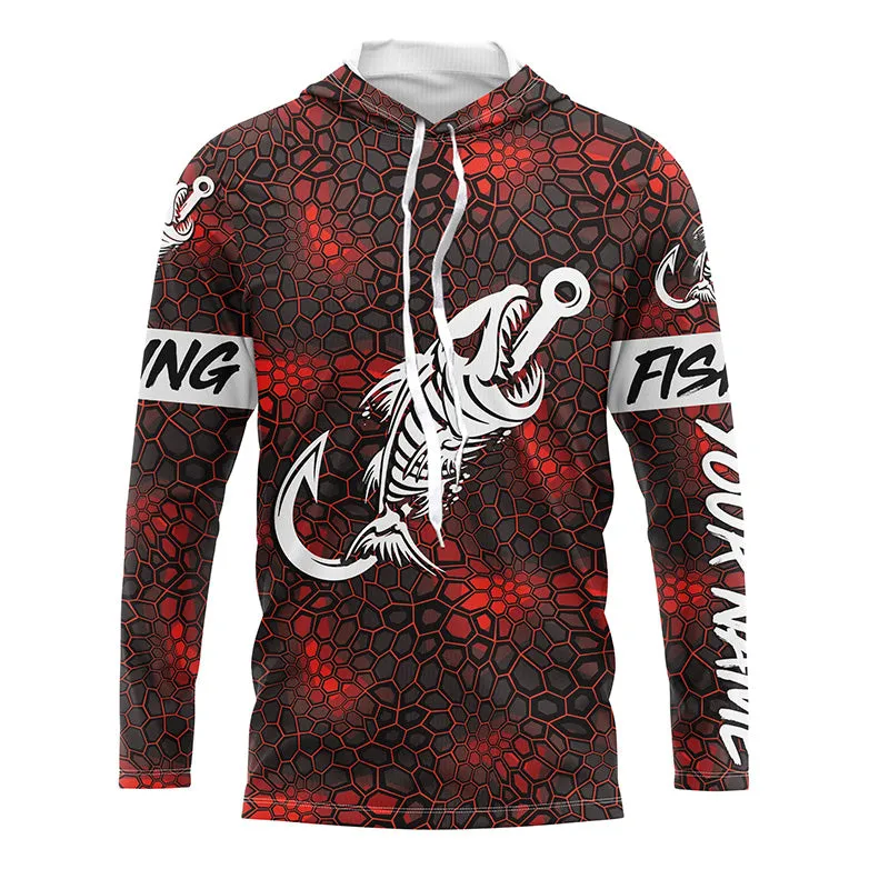 Custom Red Camo Long sleeve fishing shirt Fish hook skull sun protection fishing jerseys | Long sleeve NQS5083
