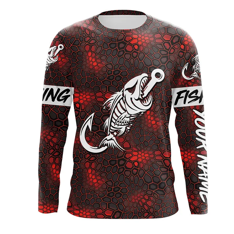 Custom Red Camo Long sleeve fishing shirt Fish hook skull sun protection fishing jerseys | Long sleeve NQS5083