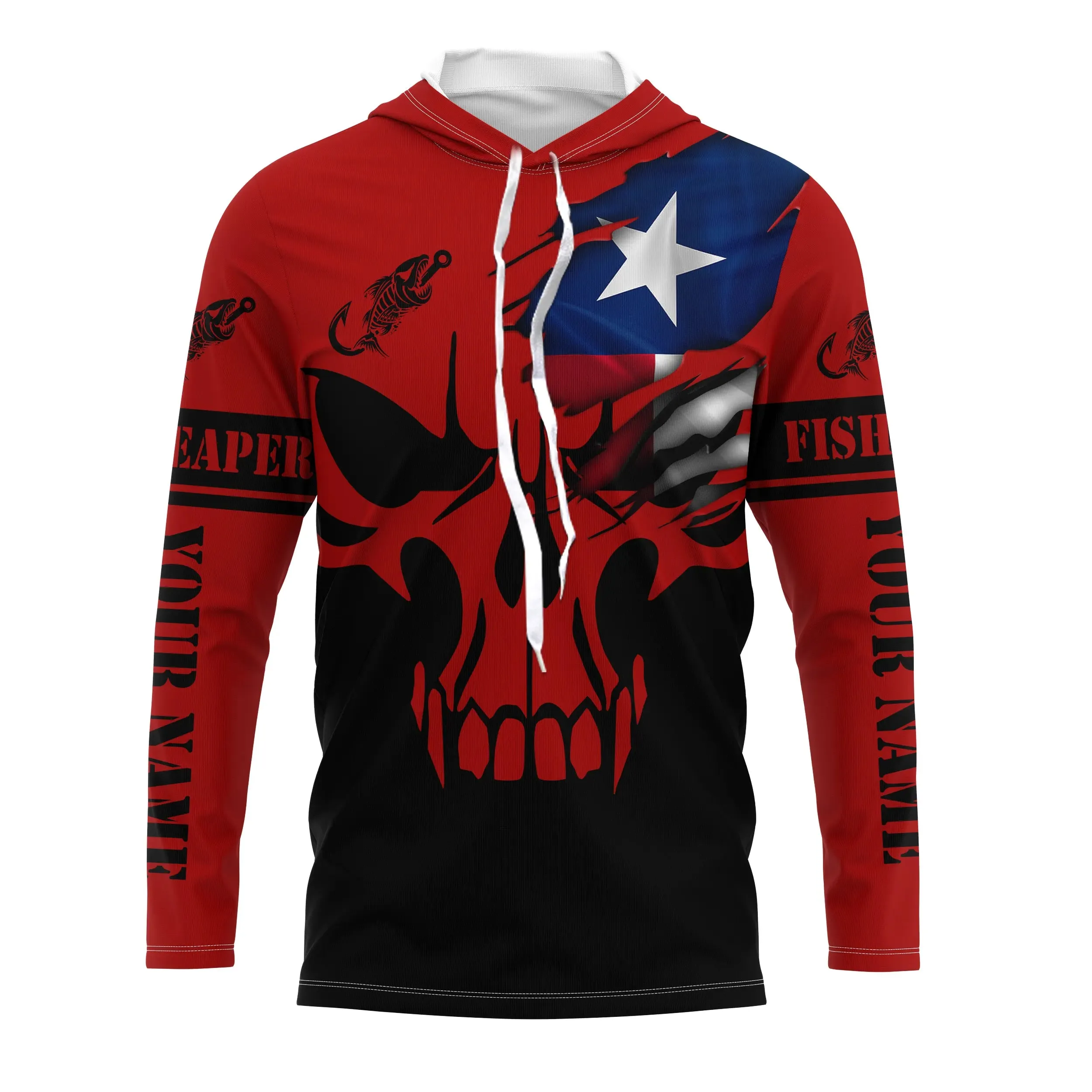 Custom Texas flag fishing fish reaper skull red and black Fishing Jersey, fishing Long sleeve shirts NQS4837