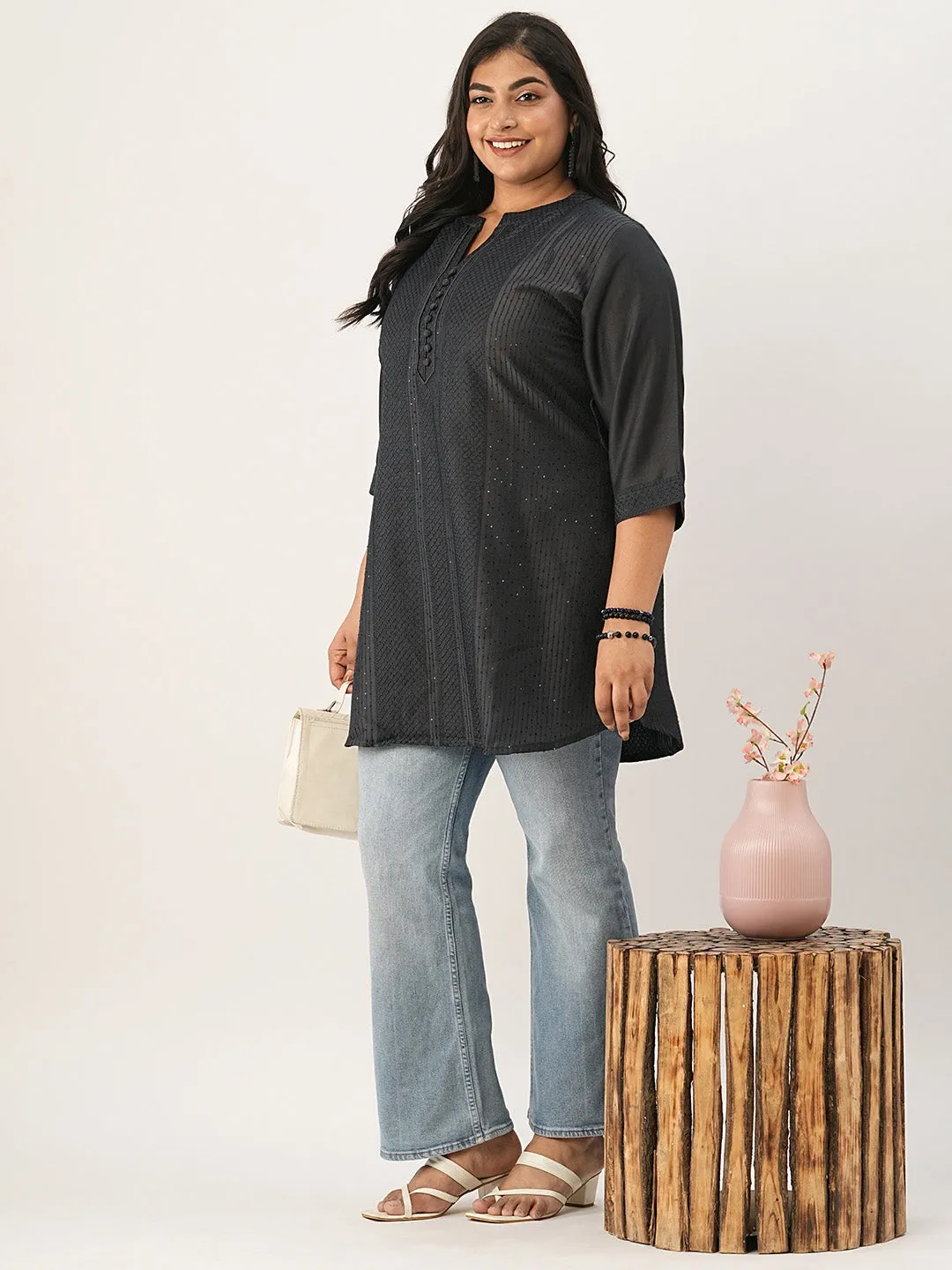 Dark Grey Ethnic Wear Chanderi Silk Straight Tunics for Ladies - Zola