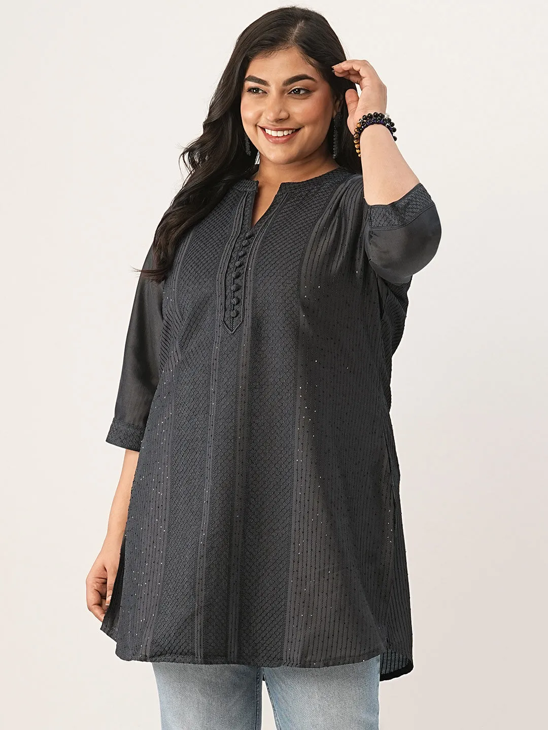 Dark Grey Ethnic Wear Chanderi Silk Straight Tunics for Ladies - Zola