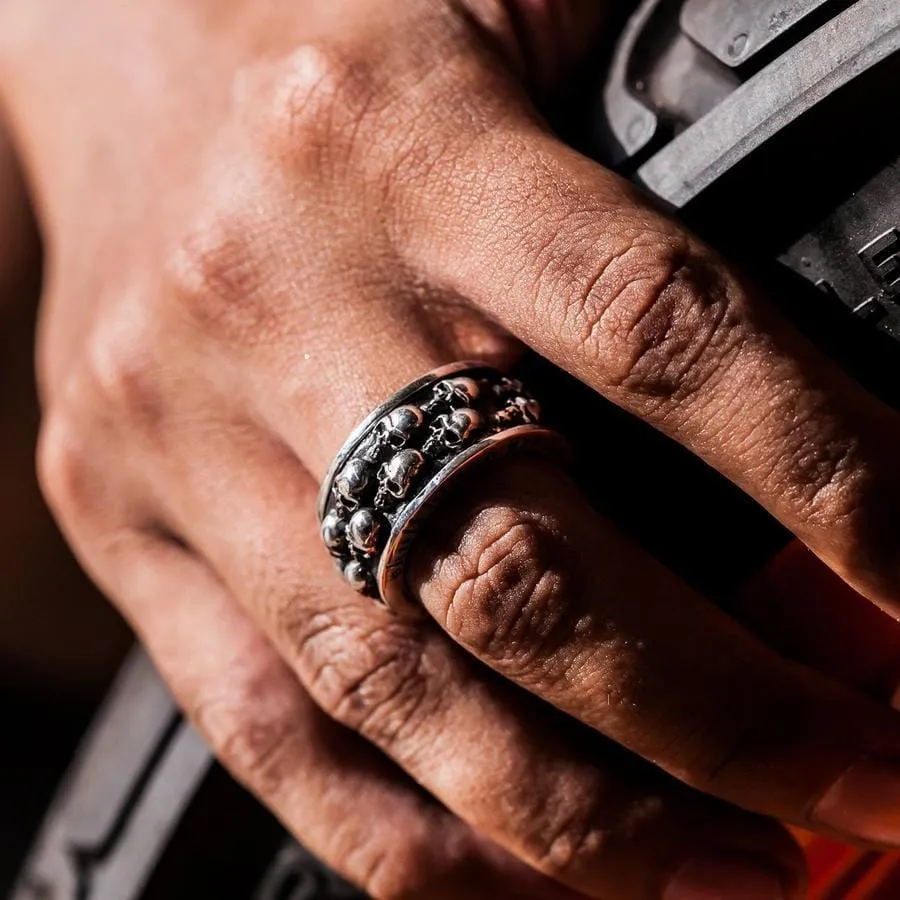 Double Skull Sterling Silver Mens Spin Ring