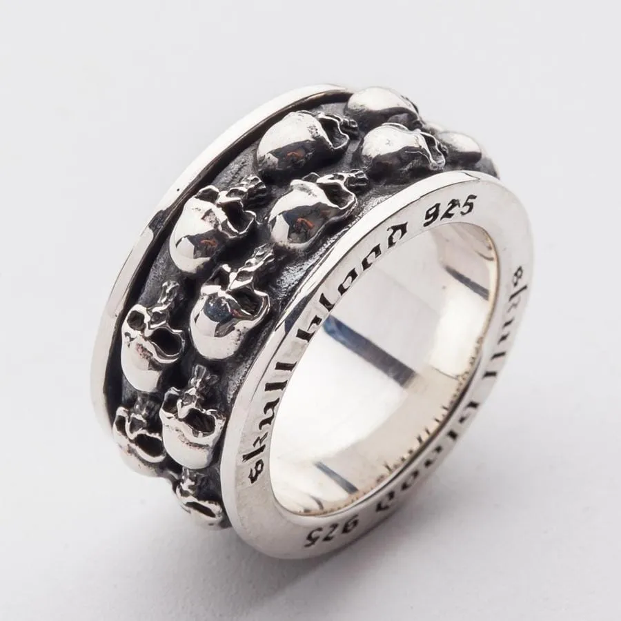 Double Skull Sterling Silver Mens Spin Ring