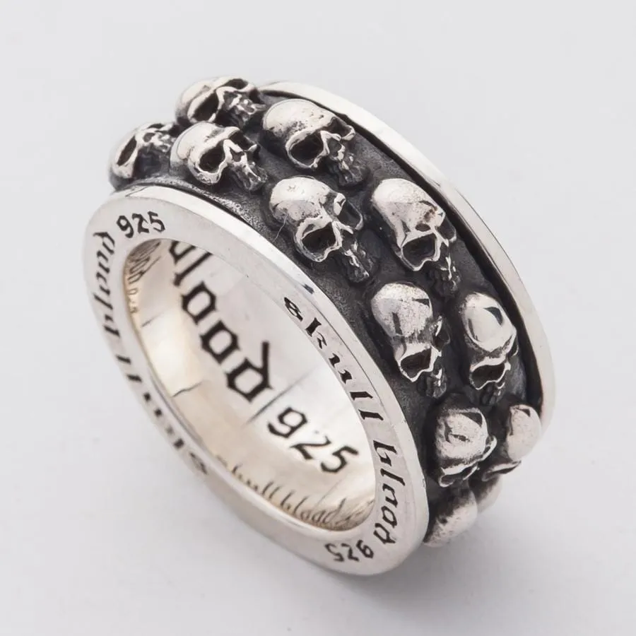 Double Skull Sterling Silver Mens Spin Ring