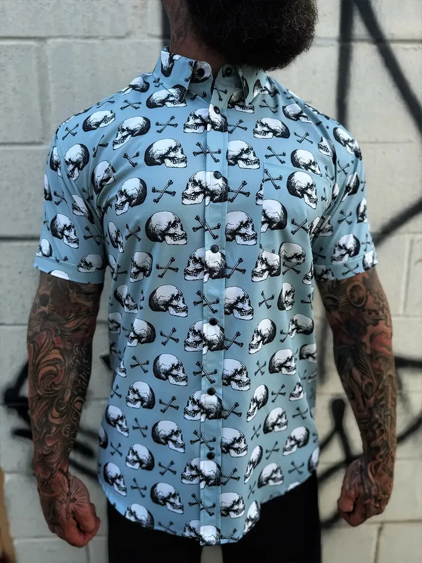 ESSENTIAL BLUE SKULL N BONES BLACK PEARL SNAP BUTTON UP