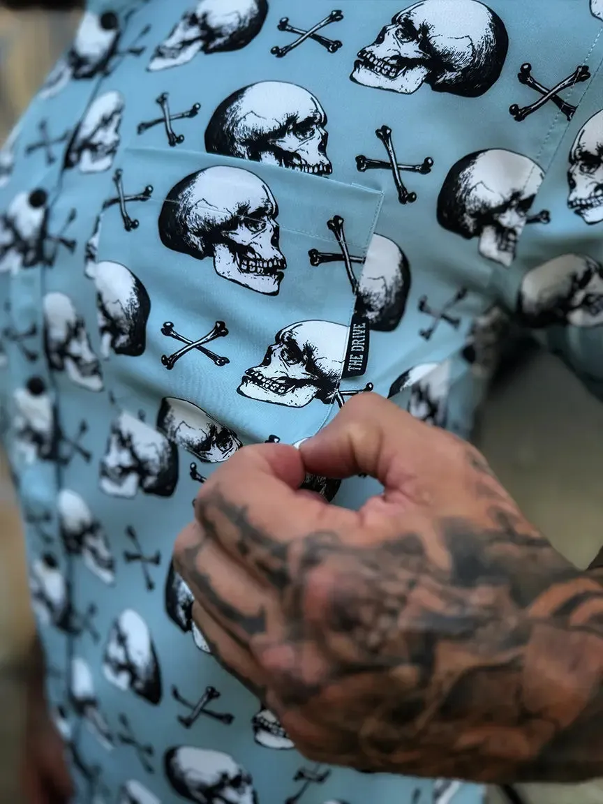 ESSENTIAL BLUE SKULL N BONES BLACK PEARL SNAP BUTTON UP