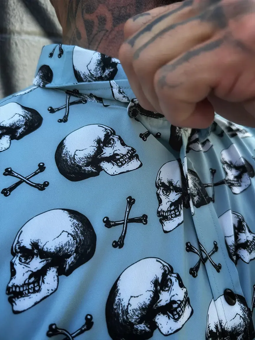 ESSENTIAL BLUE SKULL N BONES BLACK PEARL SNAP BUTTON UP