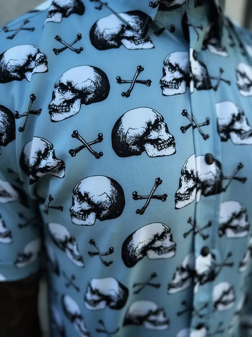 ESSENTIAL BLUE SKULL N BONES BLACK PEARL SNAP BUTTON UP