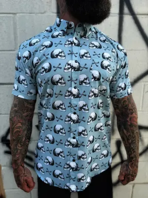 ESSENTIAL BLUE SKULL N BONES BLACK PEARL SNAP BUTTON UP