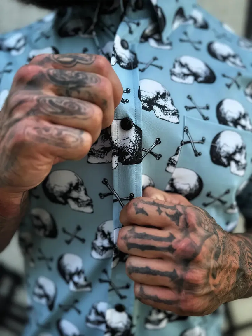 ESSENTIAL BLUE SKULL N BONES BLACK PEARL SNAP BUTTON UP