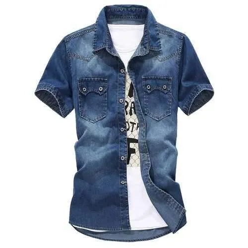 Exquisite Pocket Turn-down Collar Slimming Fashion Design Short Sleeves Men's Denim Shirt - Deep Blue 2xl