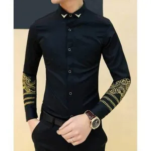 Fashion Metal Embellished Turn-down Collar Slimming Embroidery Long Sleeves Men's Shirt - Black M