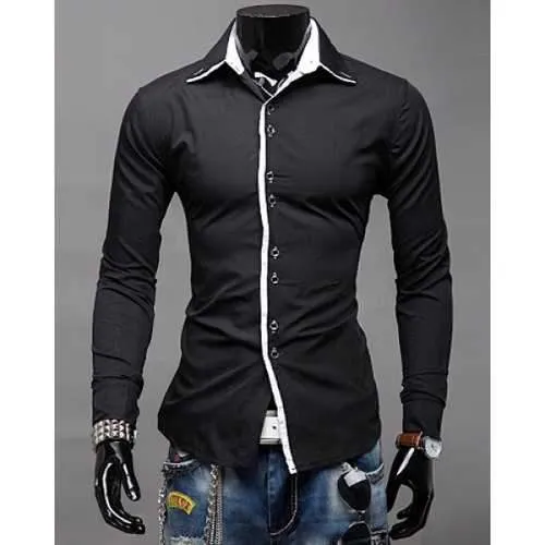 Fashion Shirt Collar Slimming Color Block Placket Button Design Long Sleeve Polyester Shirt For Men - Black 2xl