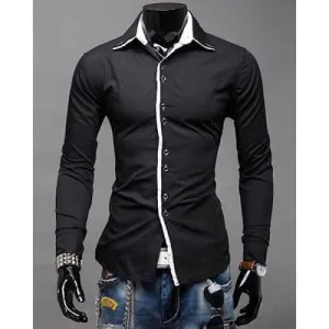 Fashion Shirt Collar Slimming Color Block Placket Button Design Long Sleeve Polyester Shirt For Men - Black 2xl