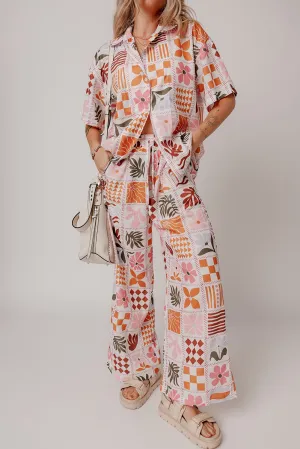 Floral Checkered Shirt and Wide Leg Pant