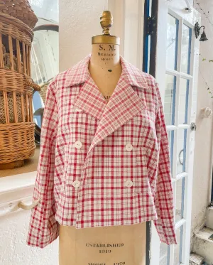 French Linen Checkered Double Breasted Jacket