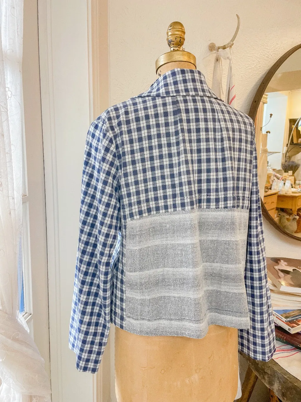 French Linen Checkered Double Breasted Jacket