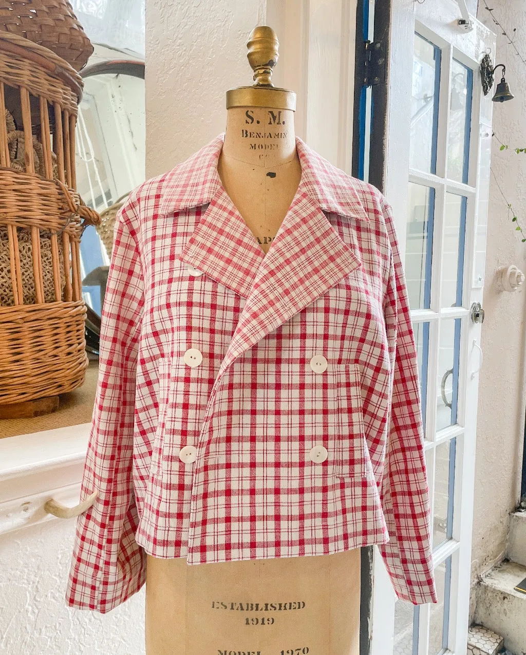French Linen Checkered Double Breasted Jacket