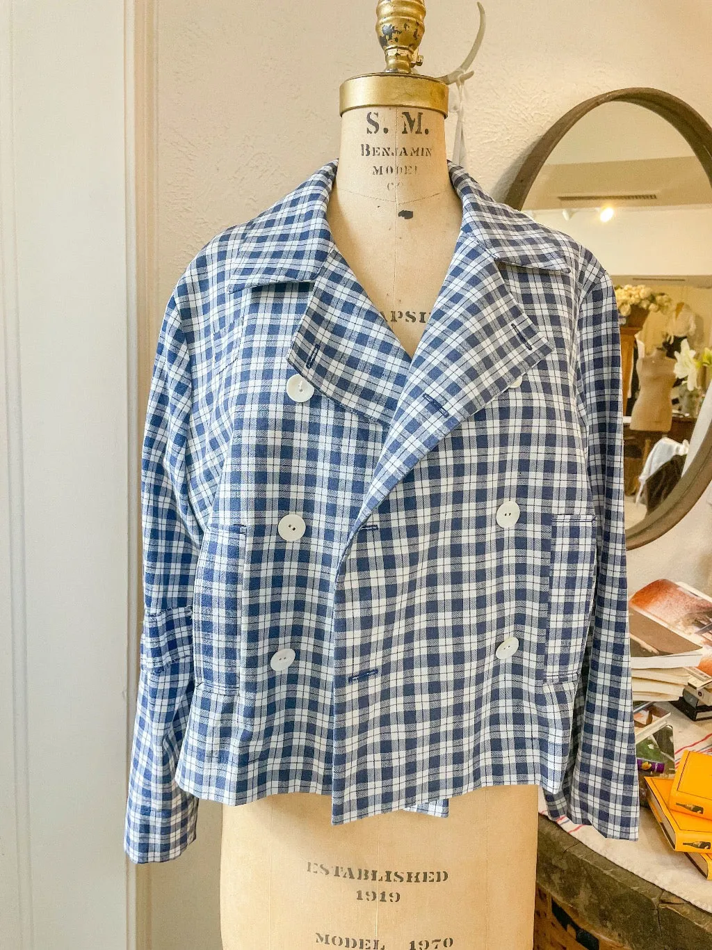 French Linen Checkered Double Breasted Jacket