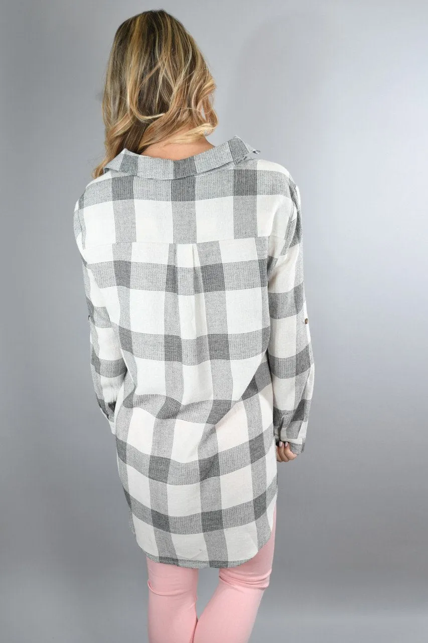 Grey and White Checkered Plaid Top