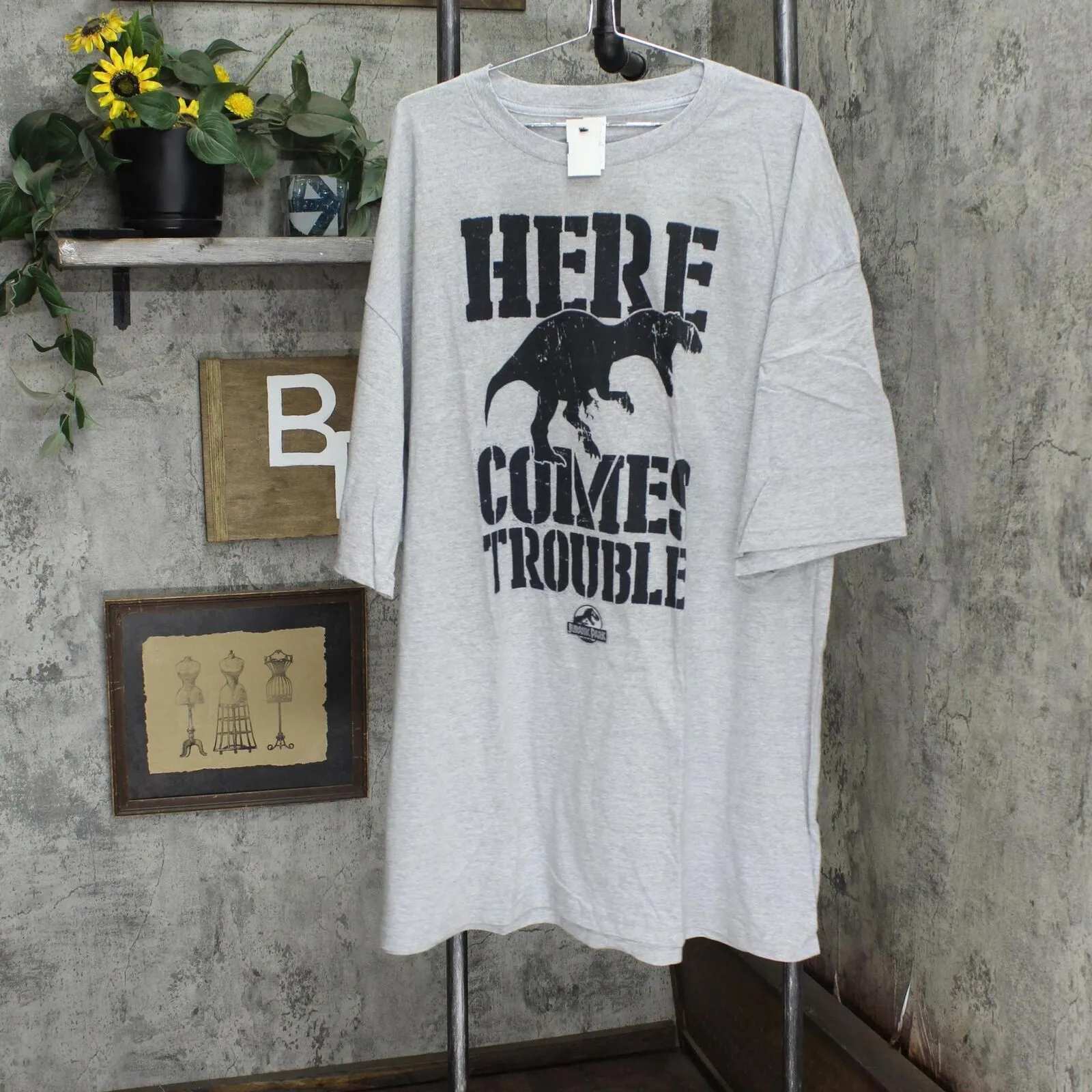 Jurassic Park Dino Trouble Mens Tops Short Sleeve Tee Athletic Heather Gray 4XLT