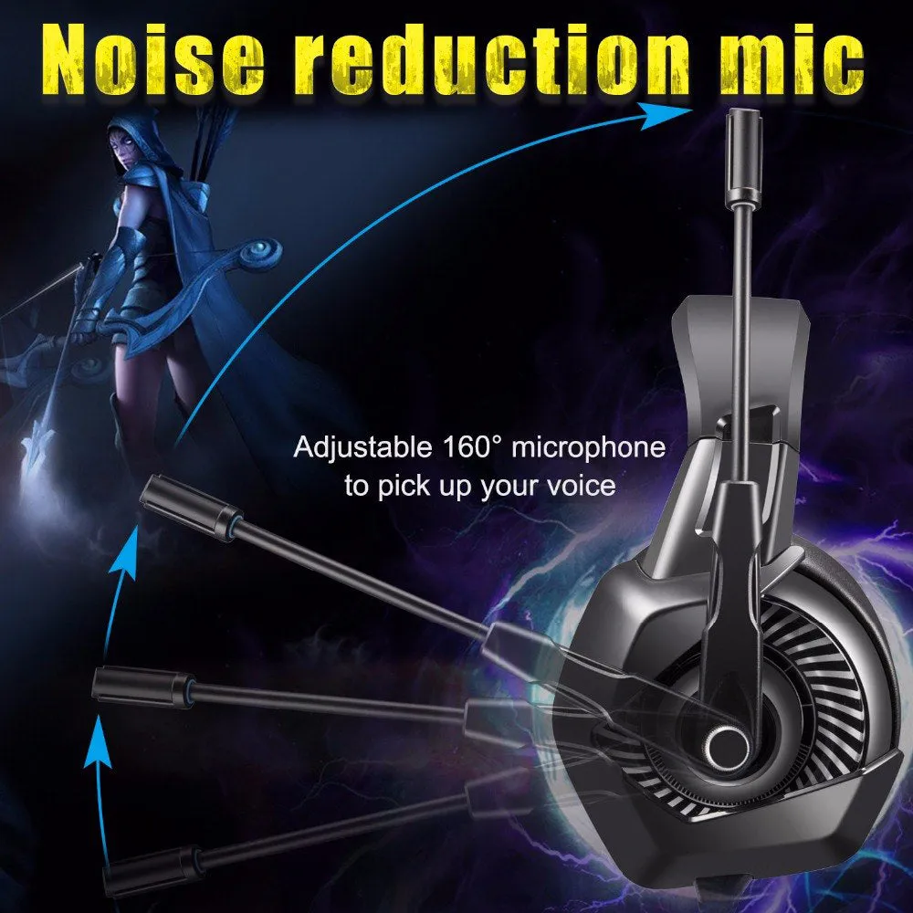 K6 Stereo Gaming Headset for Laptop Mac Nintendo Switch Games, Over Ear 3.5mm Headphone with Mic, LED Light, Noise Cancelling Bass Surround, Soft Memory Earmuffs for PS4, PC, Xbox One Controller