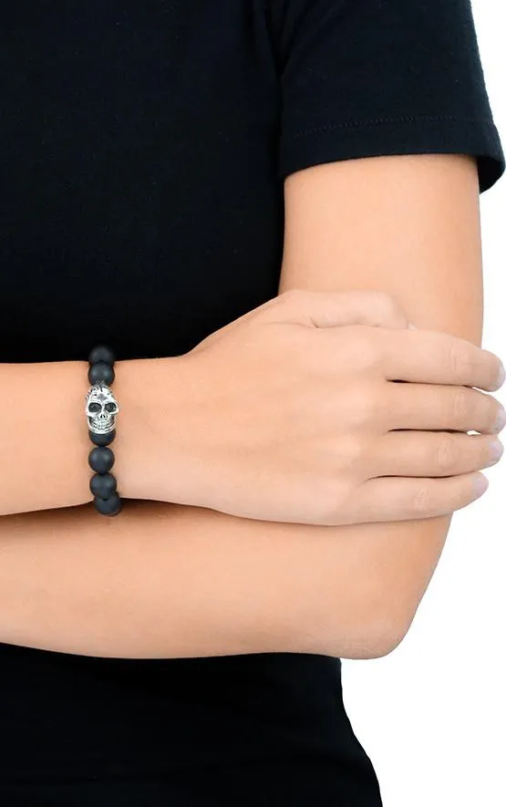 King Baby 10MM Black Onyx Beaded Bracelet with DOTD Skull. 8 3/4 inches
