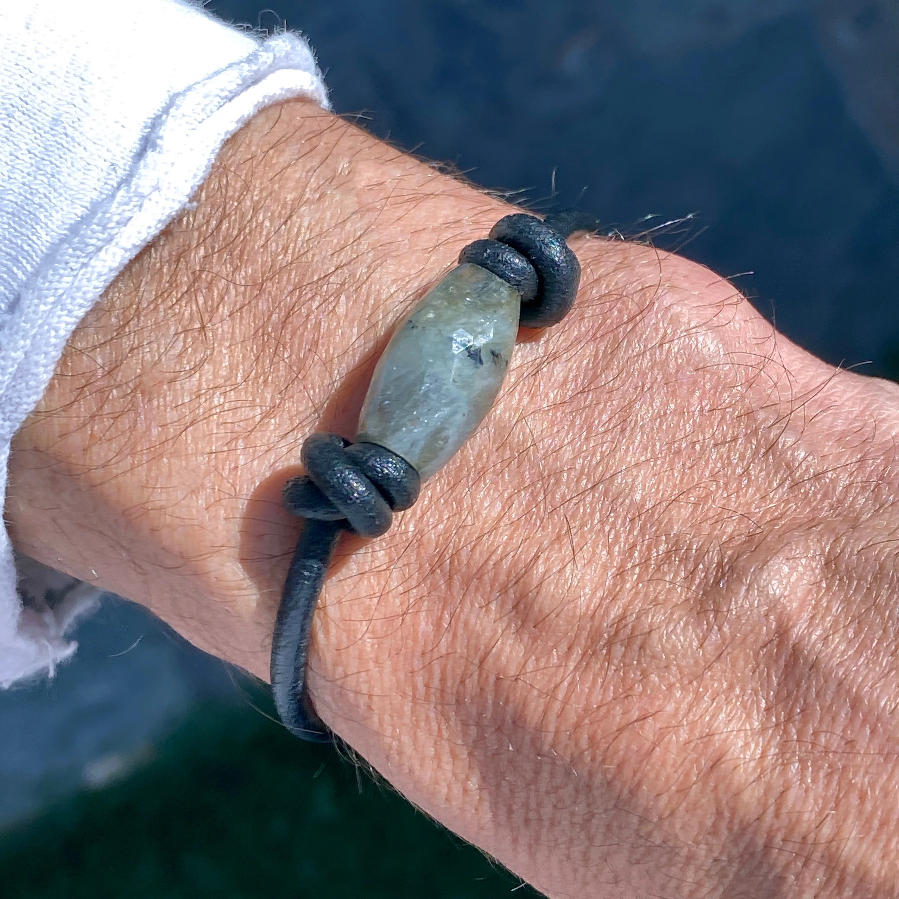 Labradorite gemstone Leather bracelet with Pewter Skull Button clasp