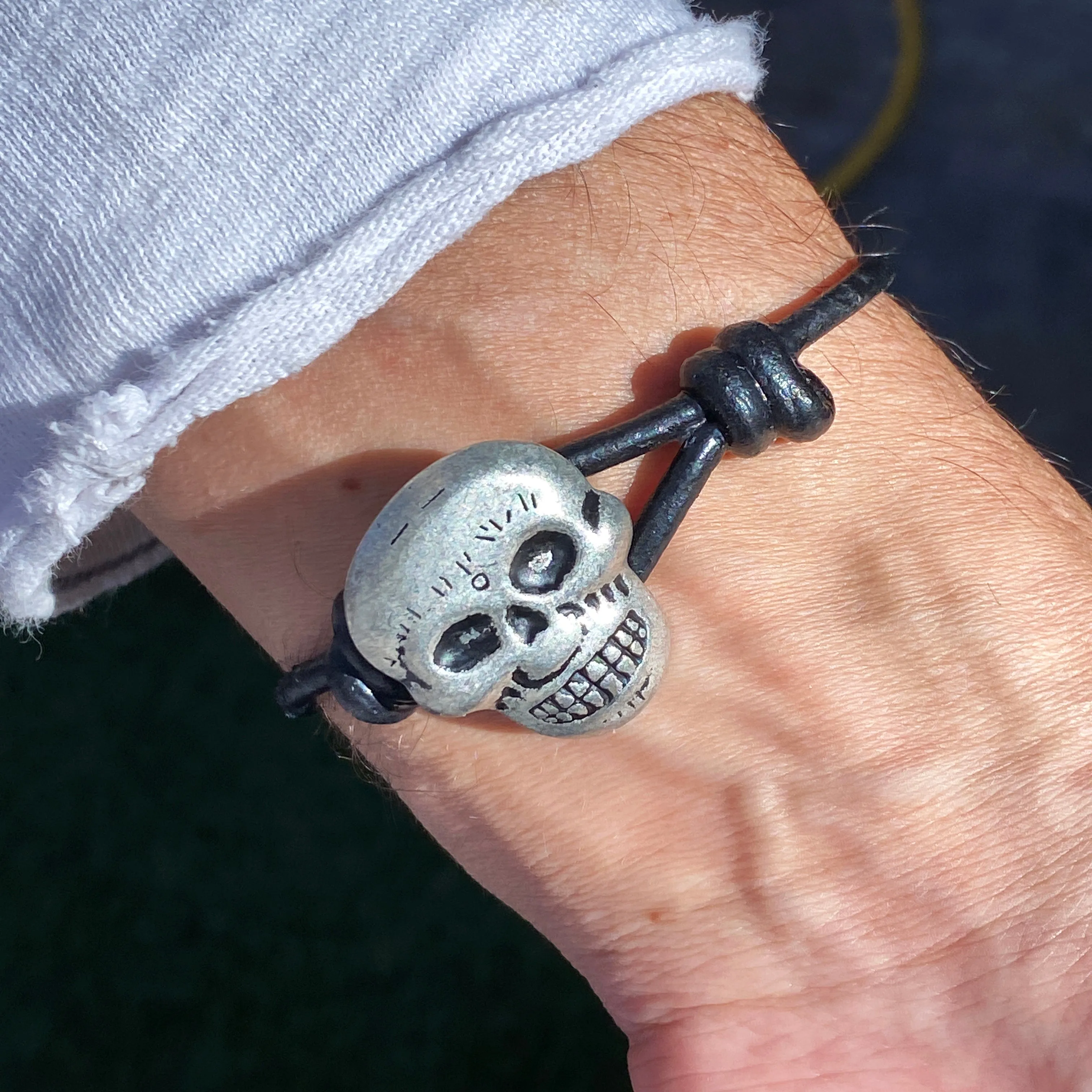 Labradorite gemstone Leather bracelet with Pewter Skull Button clasp
