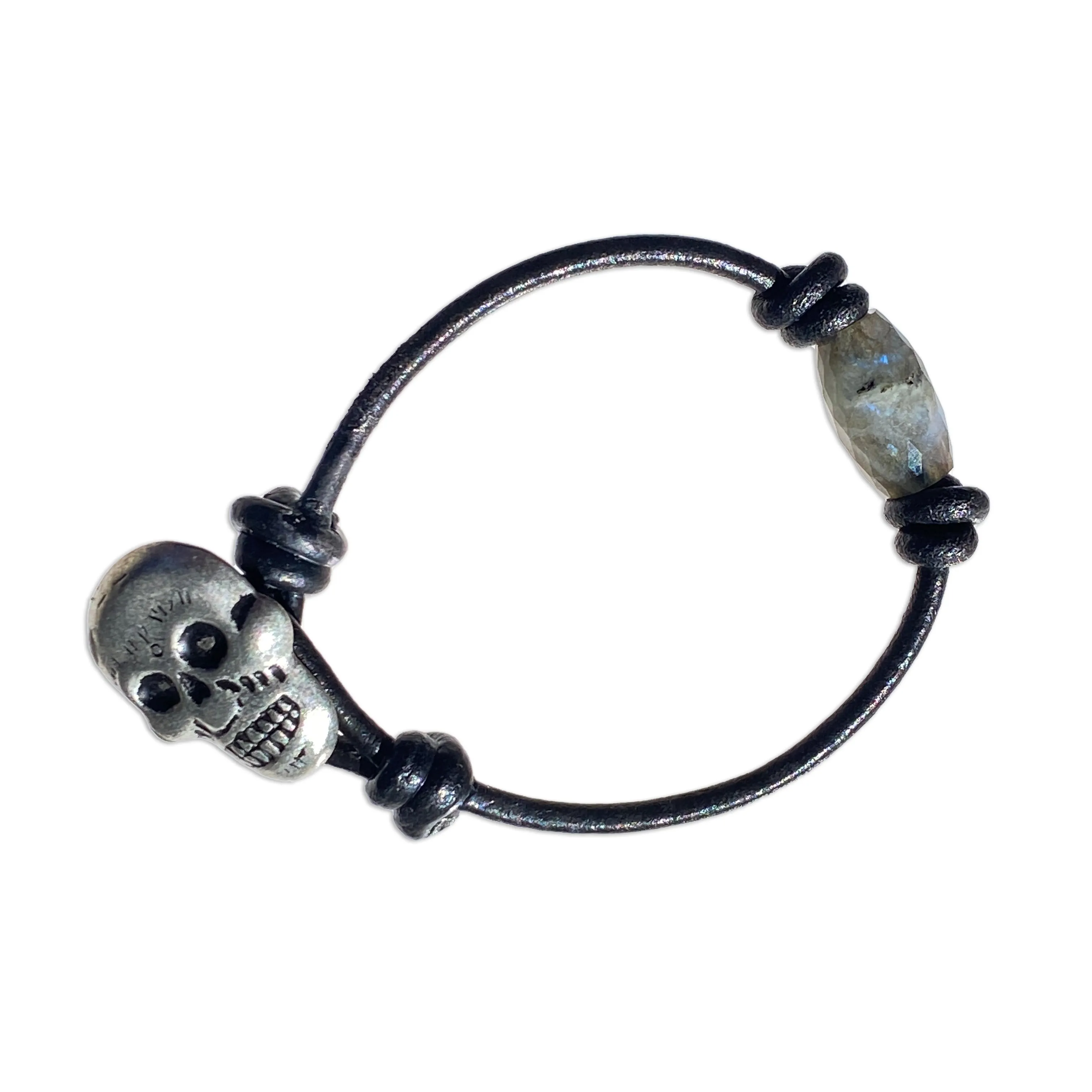 Labradorite gemstone Leather bracelet with Pewter Skull Button clasp